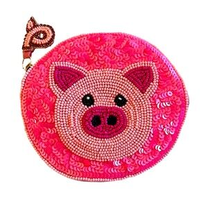 Beaded Pig Coin Purse, Lily Posh Pink Sequins Beaded Bag, Farm Animal